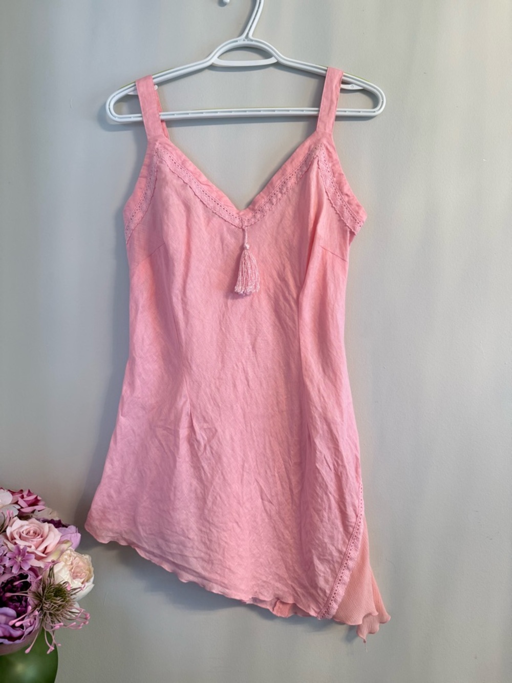 100% Silk and Linen Fairycore Pink Lace-Trim Dress with Tassel